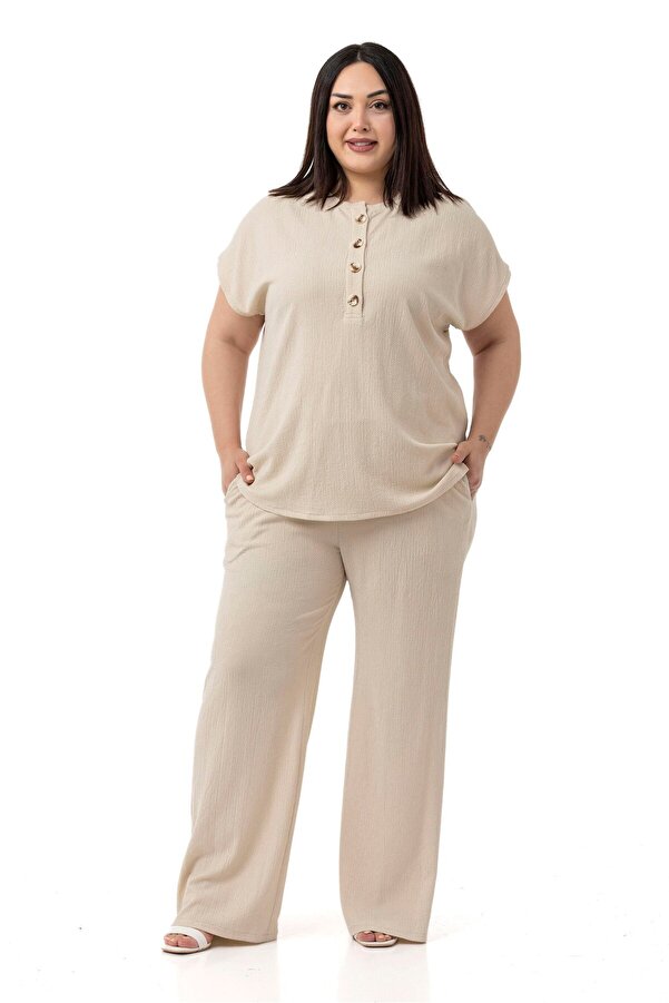 Drop Sleeve Blouse Trousers Two-piece Set — Beige