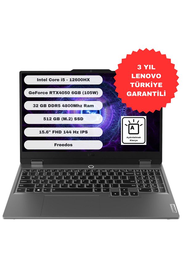 LENOVO Loq 15IAX9 GTI32 Intel Core I5 12600HX 32GB 512GB SSD RTX4050 Freedos 15.6'' FHD 83GS00PETR