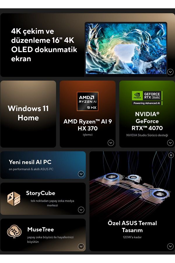 ASUS Yapay Zeka Destekli OLED 4K 16" Ekran Amd Ryzen Ai 9 HX370 64GB Ram 2tb Ssd Nvidia Geforce RTX 4070 - Görsel 4