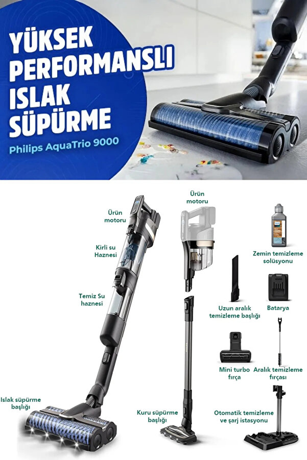 Philips Wet & Dry Vacuum, Islak-kuru Elektrikli Dikey Süpürge 9000,ve Islak Mop,kendi Kendini Temizleme