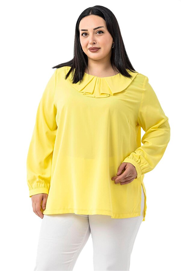 Collar Pleated Side-slit Blouse — Yellow
