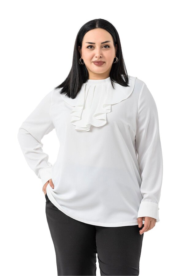 Collar Single Tiered Ruffled Cuffed Blouse — White