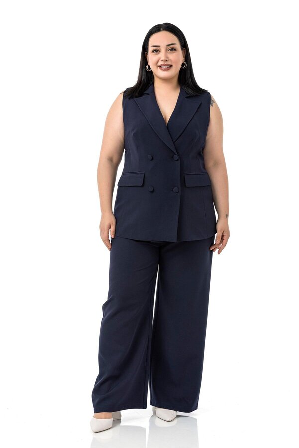 Coated Buttoned Vest Trousers Two-piece Set &mdash; Navy