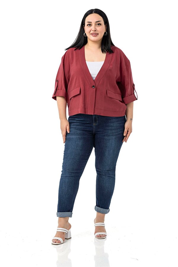 One-button Drop Half Sleeve Epaulette-detail with Pockets Short Jacket — Burgundy