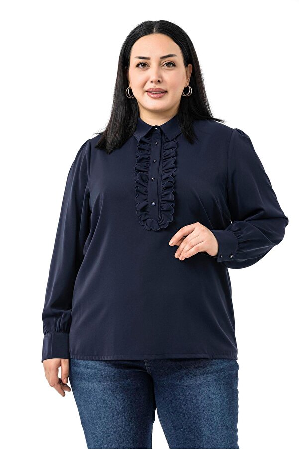 Front Frilled Shirt Collar Cuffed Shirt — Navy