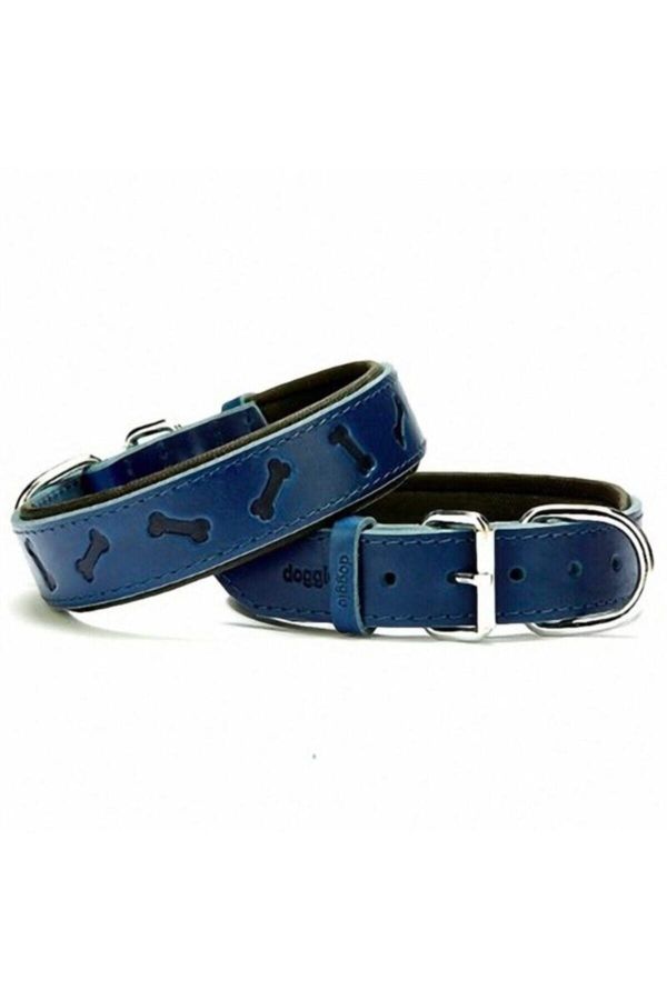 Comfort Deri Kemik Desenli Köpek Boyun Tasması Large Mavi 4x57-65 Cm