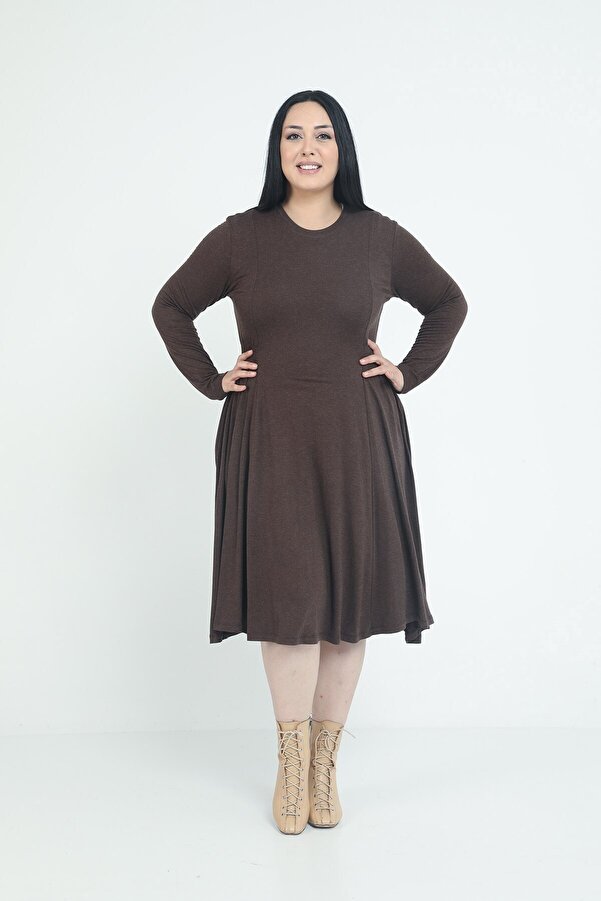 Round Neck with Pockets Waist Side Shirred Wool-blend Viscose Midi Dress — Brown