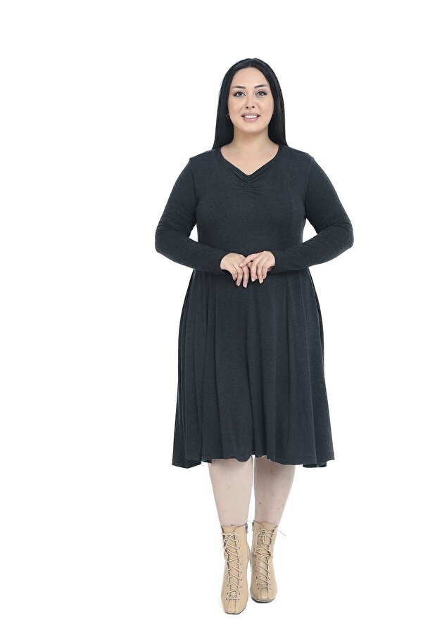 V-neck Wool-blend Viscose Midi Flared Dress — Black