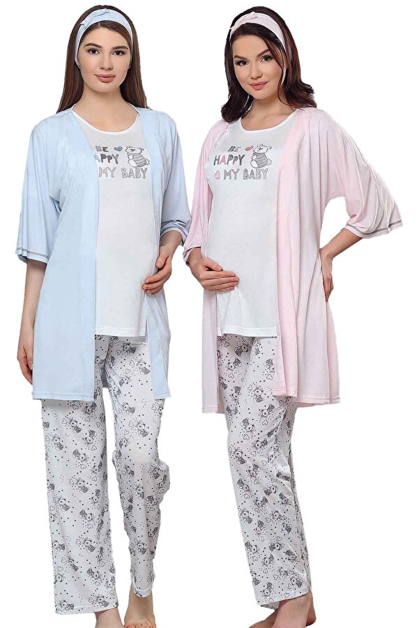 Kadın Mavi Be Happy Lohusa 3'lü Pijama Takım İlkem Hamile