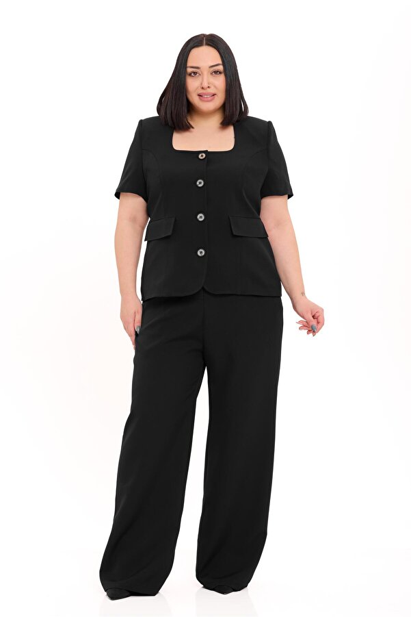 Short Sleeve U-neck Jacket Trousers Two-piece Set — Black