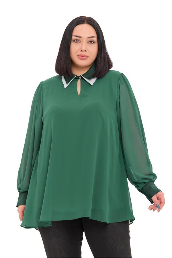 Collar Double Tiered Chiffon Lined Green Blouse — Emerald