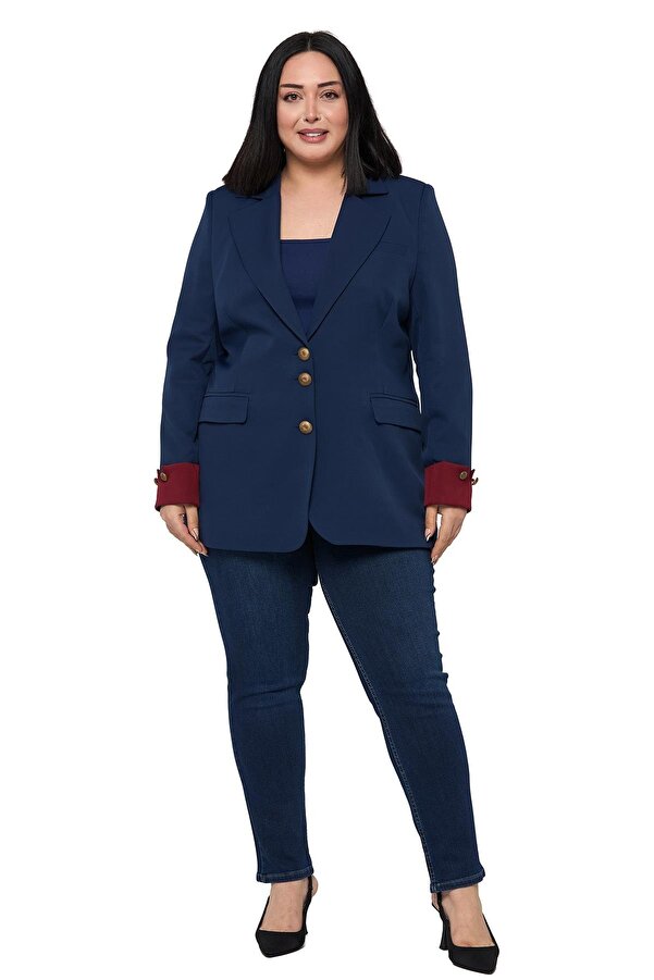 Cuff Fabric Contrast-panel Button-detail Lined Blazer Jacket — Navy & Burgundy