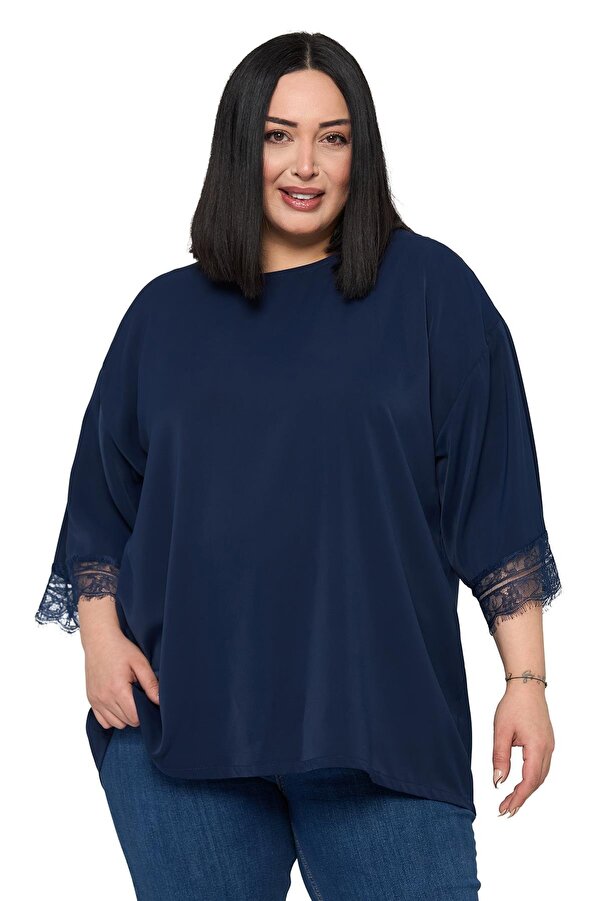 Lace-detail Half Sleeve Blouse — Navy