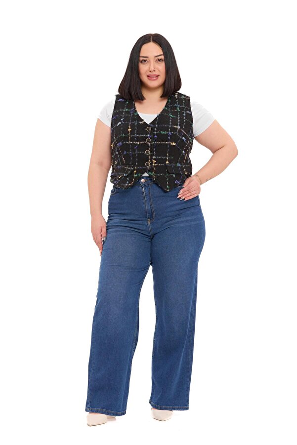 Button Fastened Flap-pocket Lined Short Tweed Shimmer Vest — Black & Saxe Blue