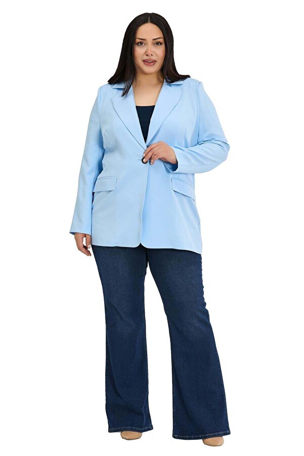 One-button Decorative Flap-pocket Padded-shoulder Unlined Jacket — Baby Blue