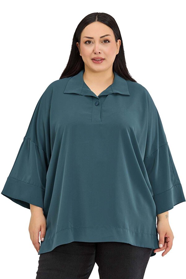 Shirt Collar Drop 3/4 Sleeve Comfort-fit Blouse — Petrol Yeşili