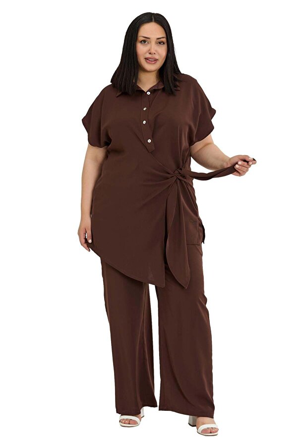 Front Tie-detail Shirt Trousers Two-piece Set — Brown