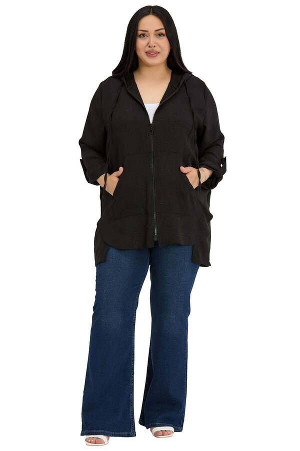 Hooded & Zipped Linen Textured Jacket &mdash; Black