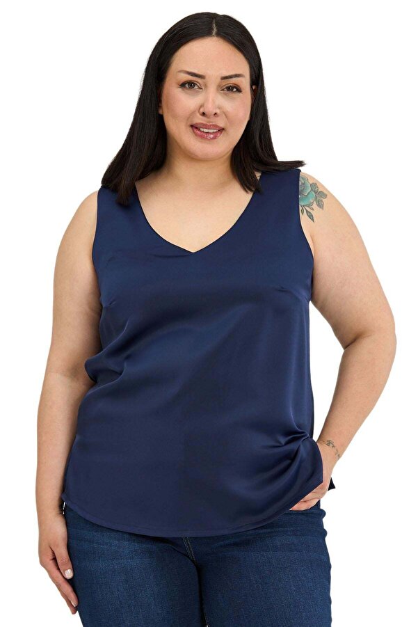 V-neck Side-slit Sleeveless Satin Blouse — Navy