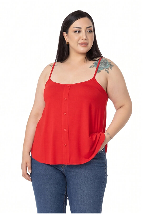 Adjustable Spaghetti-strap Decorative-button Viscose Blouse — Red