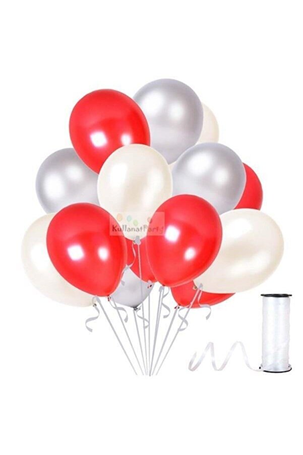 Kırmızı-gümüş-beyaz Metalik Sedefli Balon 30 Adet