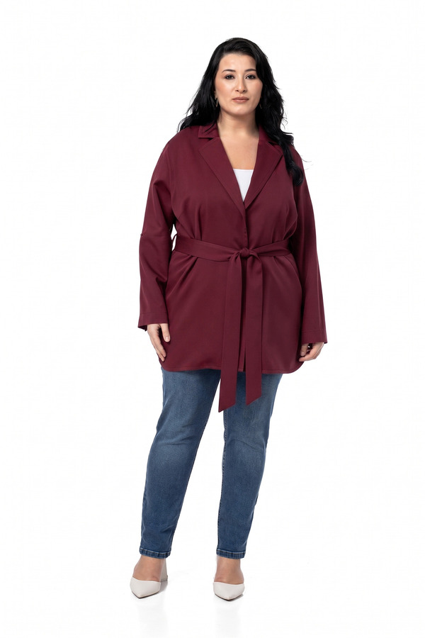 Fold-detail Sleeve Belted Unlined Long Jacket &mdash; Burgundy