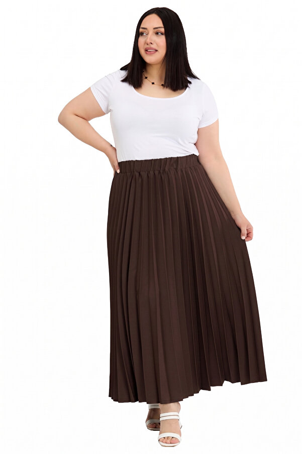 Elastic-waist Pleated Long Skirt — Brown