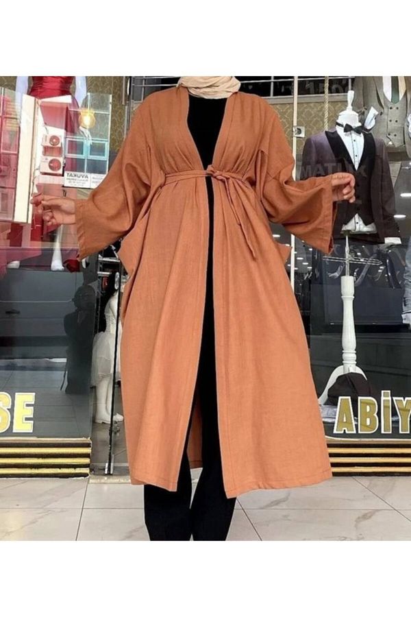 Vizon Cepli Kuşaklı Tesettür Kimono
