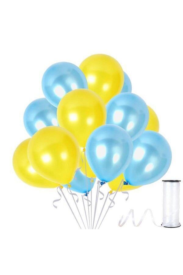 Unisex Çocuk Sarı Mavi Metalik Sedefli Balon 30 Adet