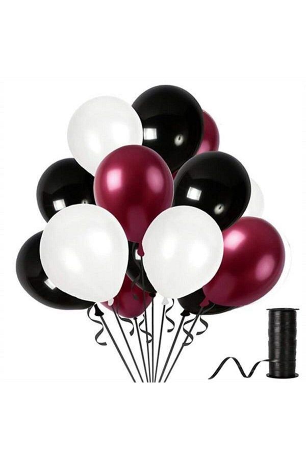 Metalik Sedefli Balon Beyaz Bordo Siyah 15 Adet