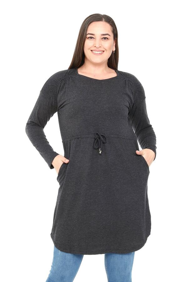 Round Neck Detail with Pockets Waist Drawstring Wool-blend Viscose Tunic Dress — Black