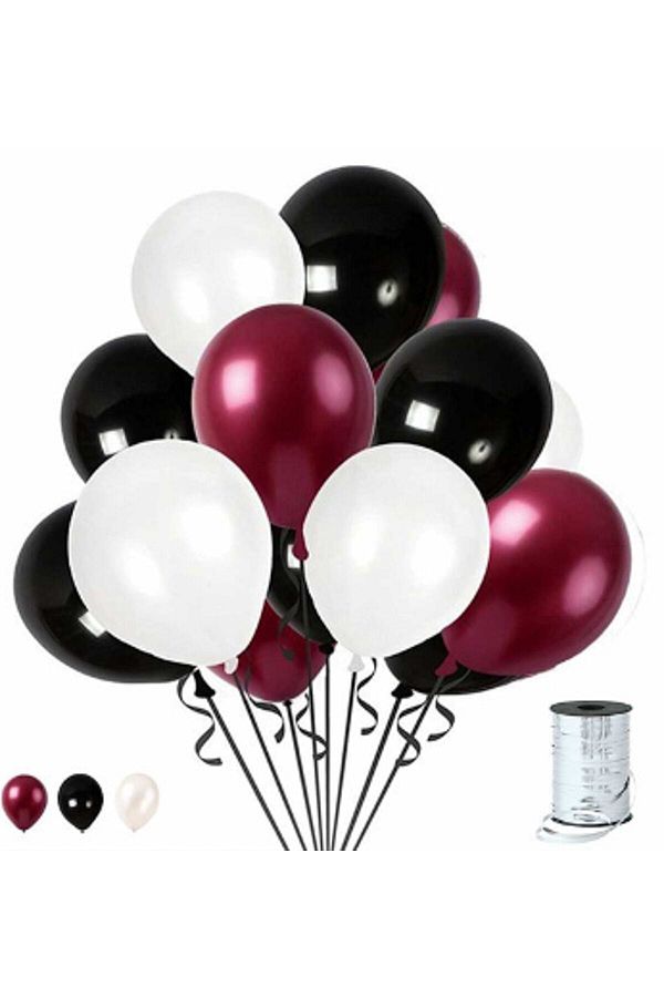 30 Adet Bordo - Beyaz- Siyah Metalik Balon 3'lü Renk - 12 Inç