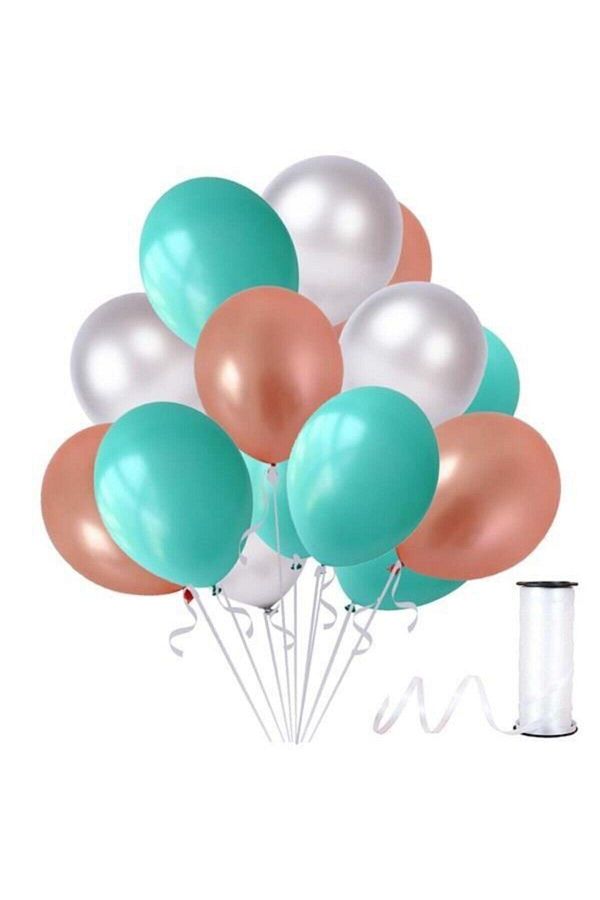 Mint Su Yeşili-gümüş-rose Gold Metalik Sedefli Balon 30 Adet