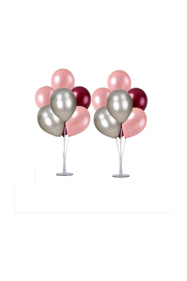2 Adet 7'li Balon Standı Ve 14 Adet Rose Gold- Gümüş - Bordo Metalik Balon Set Parti Dolabı