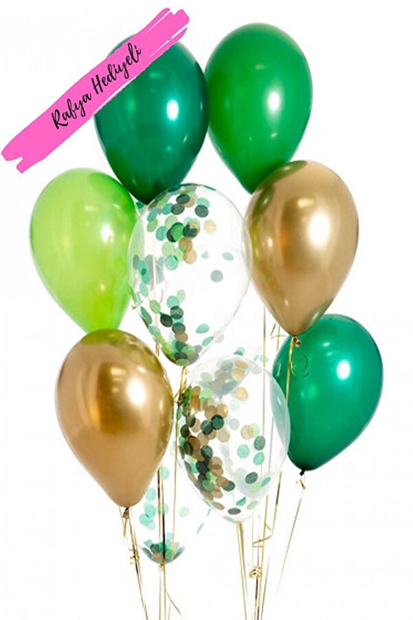 Krom Gold Yeşil Konfetili Balon Demeti 15 Li Parti Dolabı