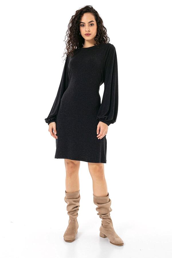 Round Neck Sleeve Opening Elasticated Waist Tie-detail Wool-blend Viscose Dress — Anthracite