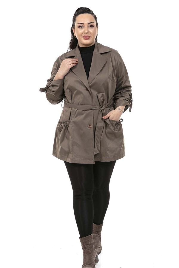 Mono Neck Fold-detail Sleeve Pockets Shirred Trench Coat — Koyu Haki