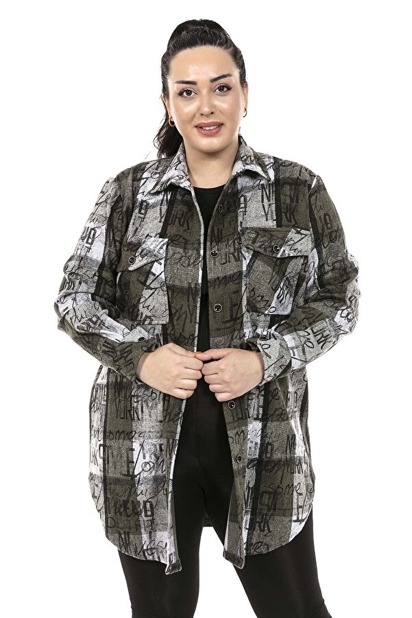 With Pockets Side-slit Printed Shirt Jacket — Khaki