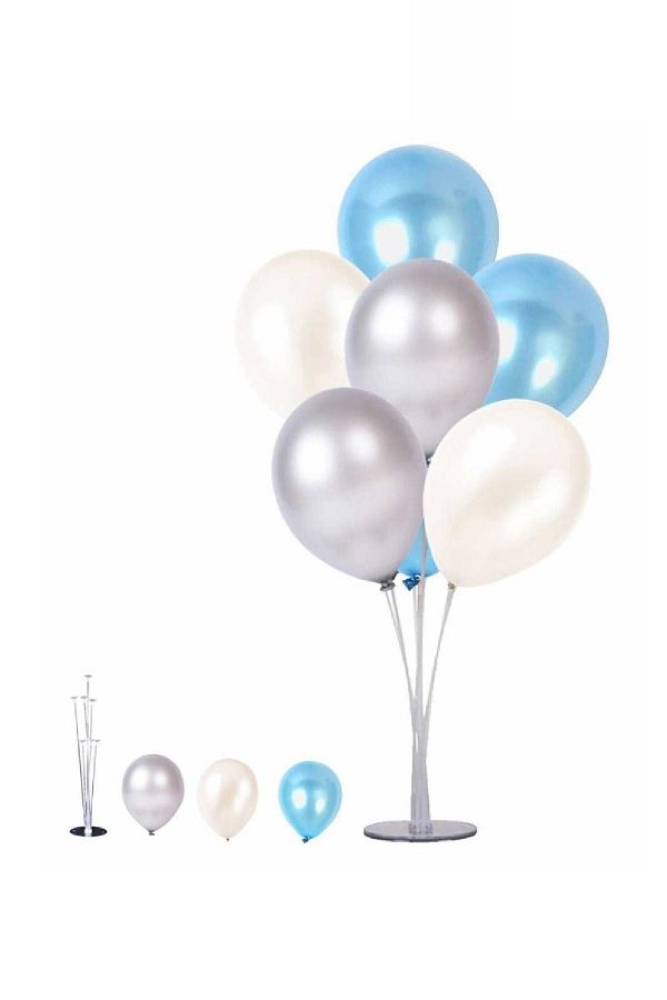 1 Adet 7'li Balon Standı Ve 7 Adet Gümüş -mavi - Beyaz Metalik Balon Set Parti Dolabı