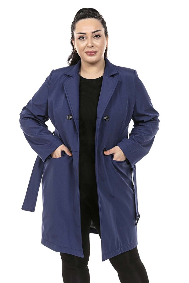 Flap-detail with Pockets Belted Wrap-front Lined Jacket — Navy