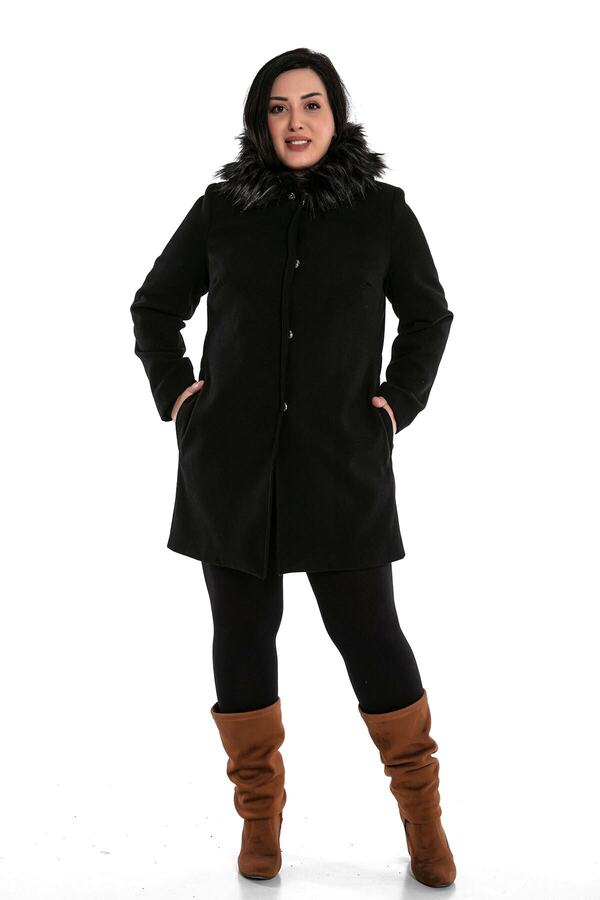 Kapüşonu Faux-fur Pocket & Popper Detail Lined Wool-touch Jacket — Black