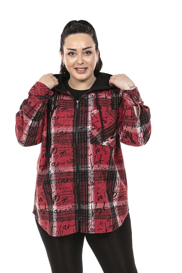 Hooded Zipped Single-pocket Printed Shirt Jacket — Red