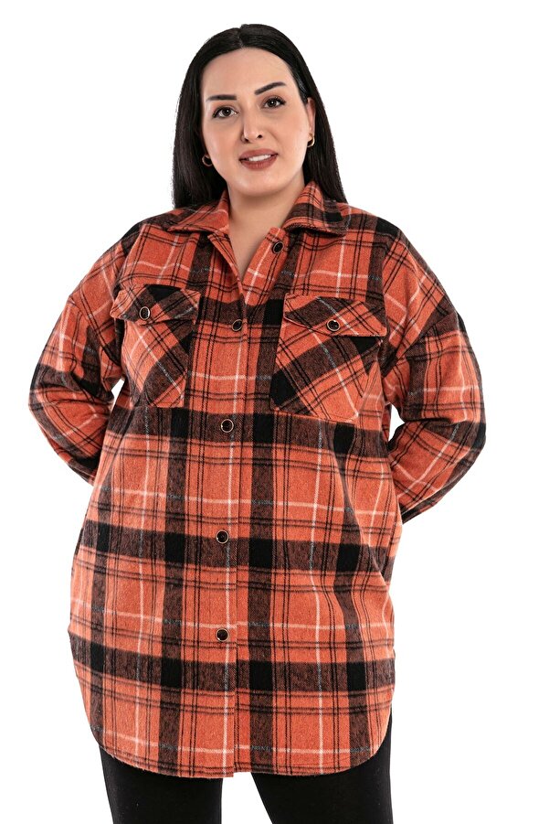 Chest Flap-detail with Pockets Hem Oval Cut Plaid Long Shirt Jacket — Coral