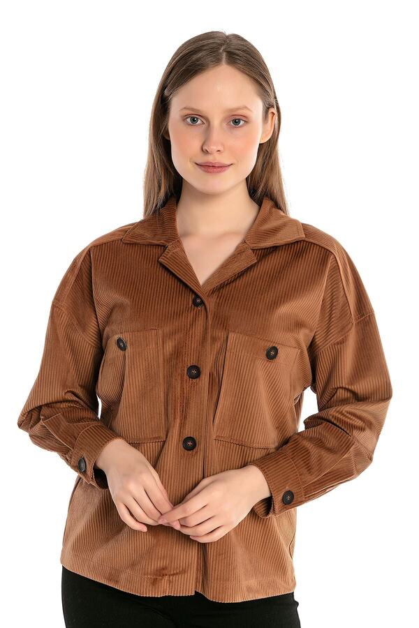 Chest Two-pocket Yoke-detail Corduroy Short Shirt — Camel