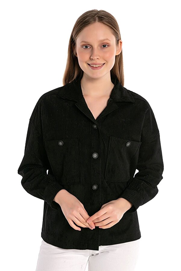 Chest Two-pocket Yoke-detail Corduroy Short Shirt — Black