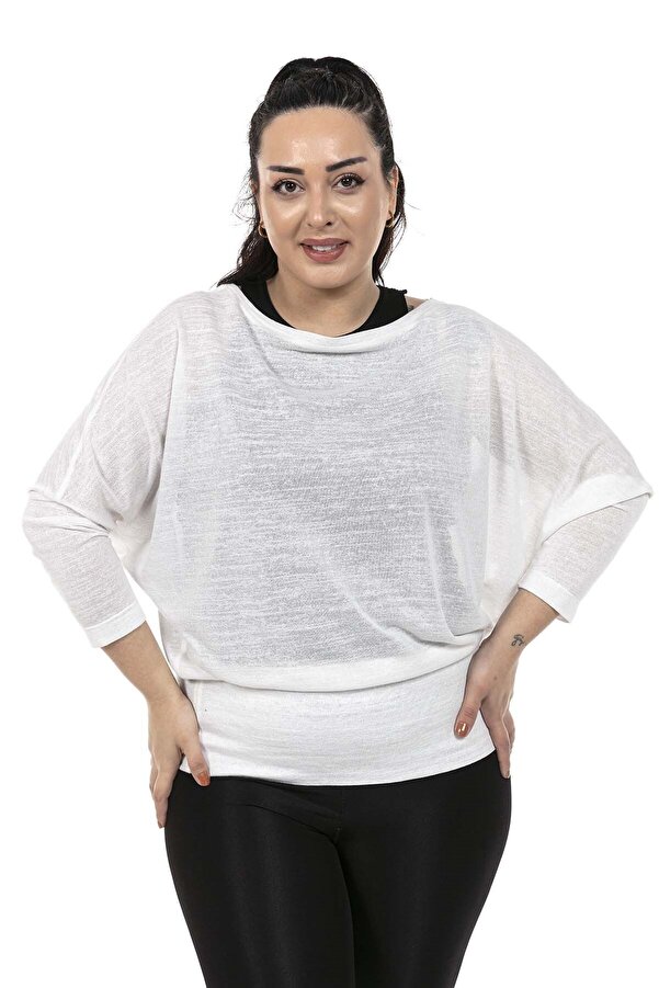 Boat Neck Batwing-sleeve Hem Wide Banded Flamlı Blouse — White