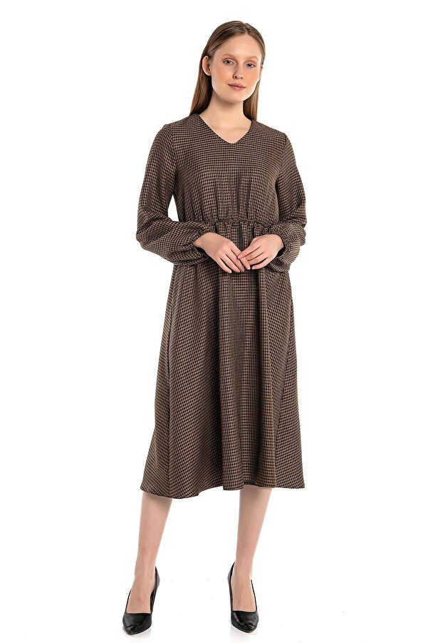Waist & Sleeve Opening Elasticated V-neck Houndstooth Dress — Camel