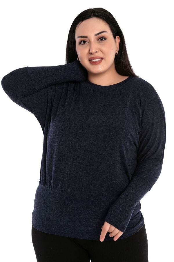 Round Neck Batwing-sleeve Hem Wide Banded Blouse &mdash; Navy