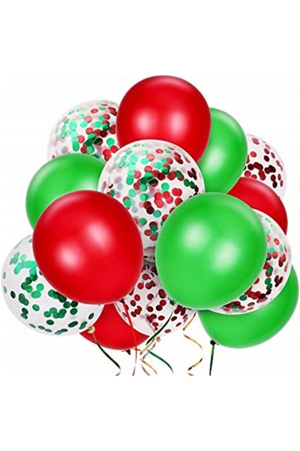 Yılbaşı Konfetili Balon Seti Şeffaf-Kırmızı-Yeşil 15 Balon