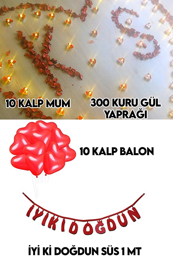 Romantik Yetişkin Doğum Günü Süsleme Seti: Kalp Balon, Tealight Mum, Kuru Gül Yaprağı, Keçe Süs Parti Dolabı